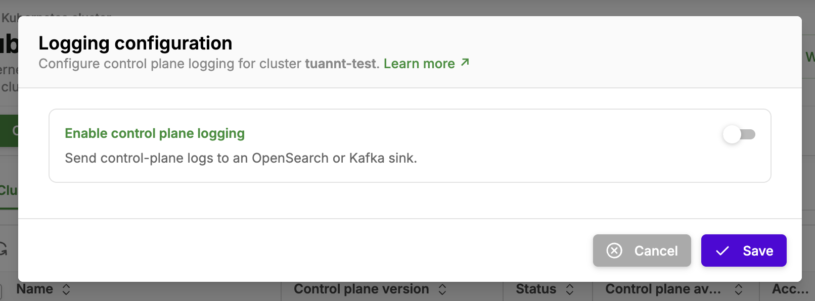 Logging configuration dialog with the toggle off