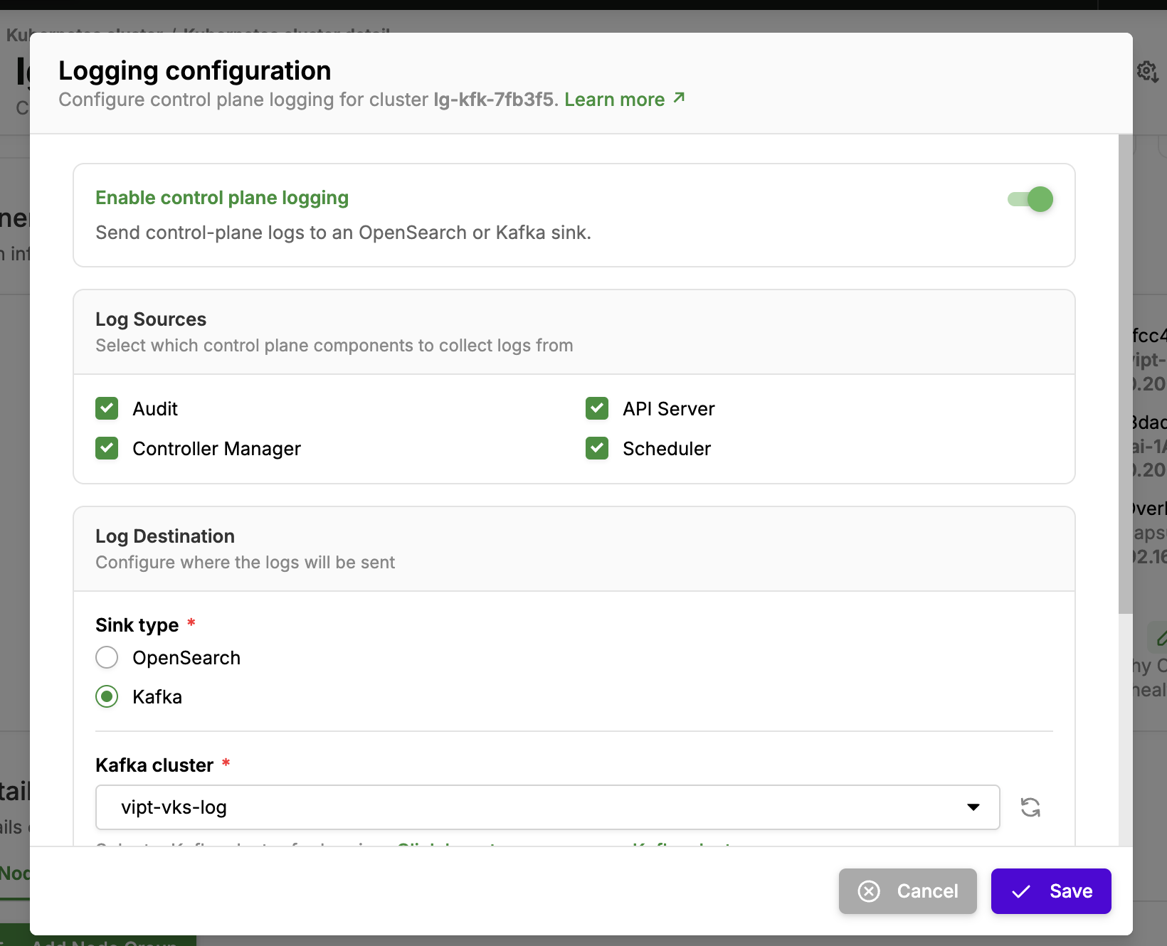 Log Sources and Log Destination configuration with Kafka sink type