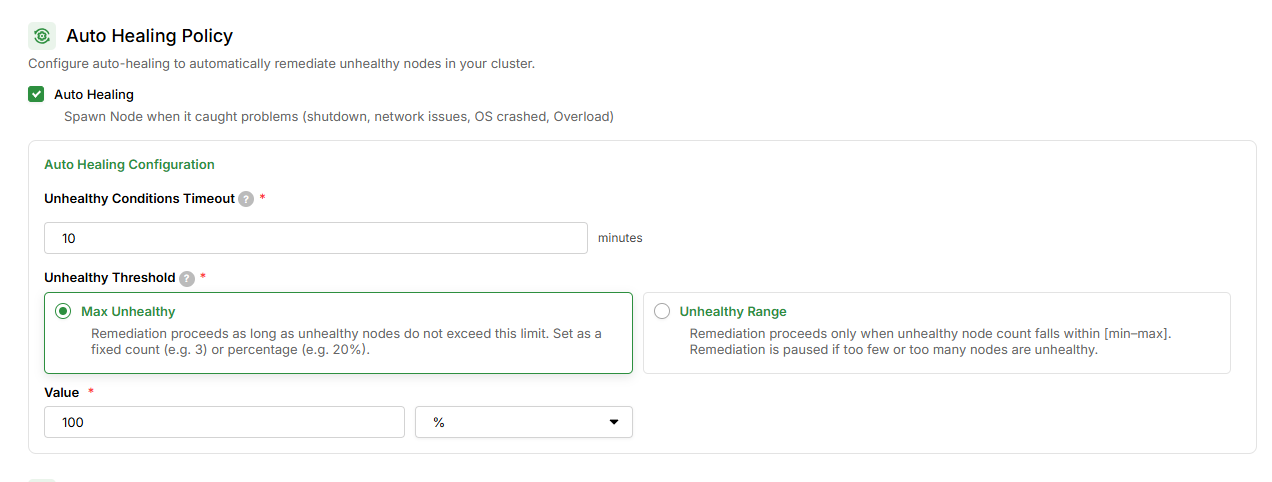 Auto Healing configuration form when creating cluster
