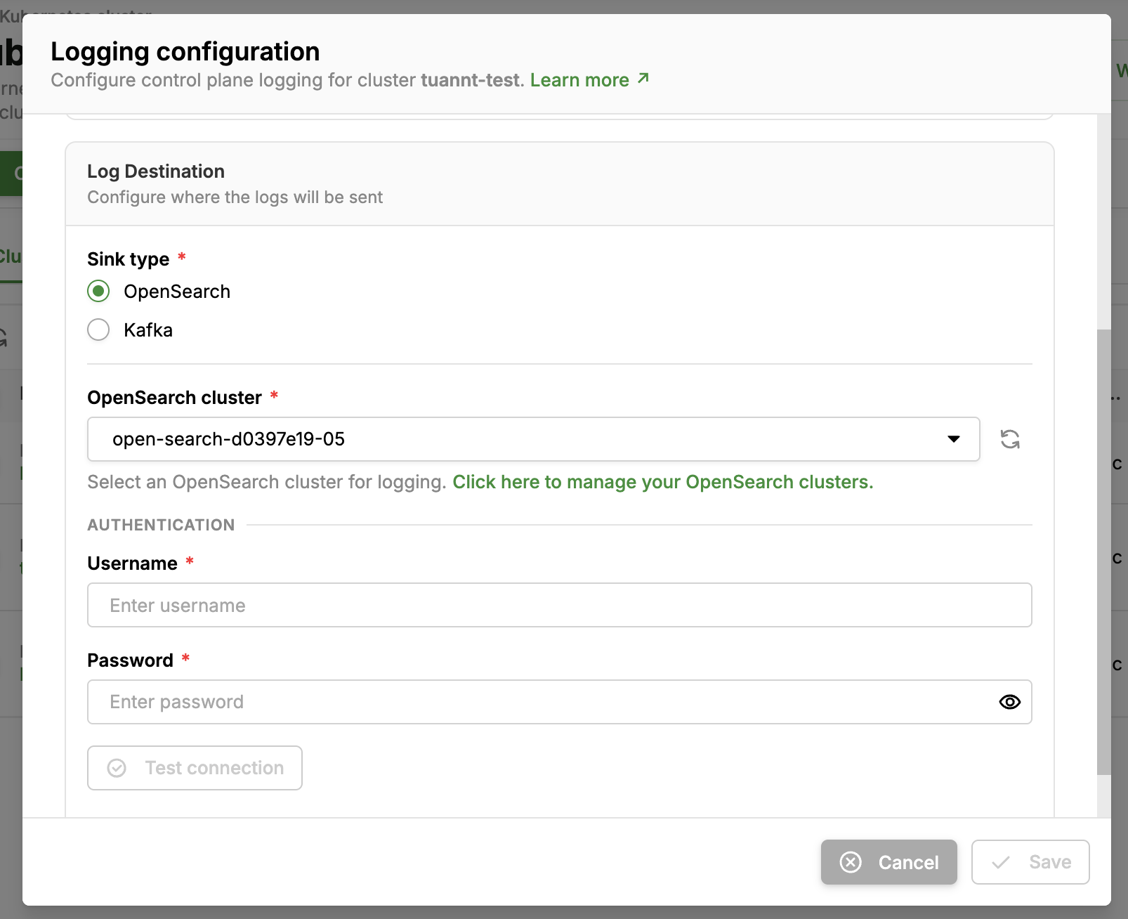 Log Destination block with OpenSearch sink type